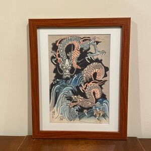2 Dragons in Waterfall Framed Japanese Art Print 12x15 Kuniyoshi Ukiyoe Wall Art